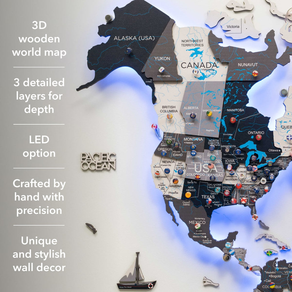3D LED / LUMINOUS Wooden World Map