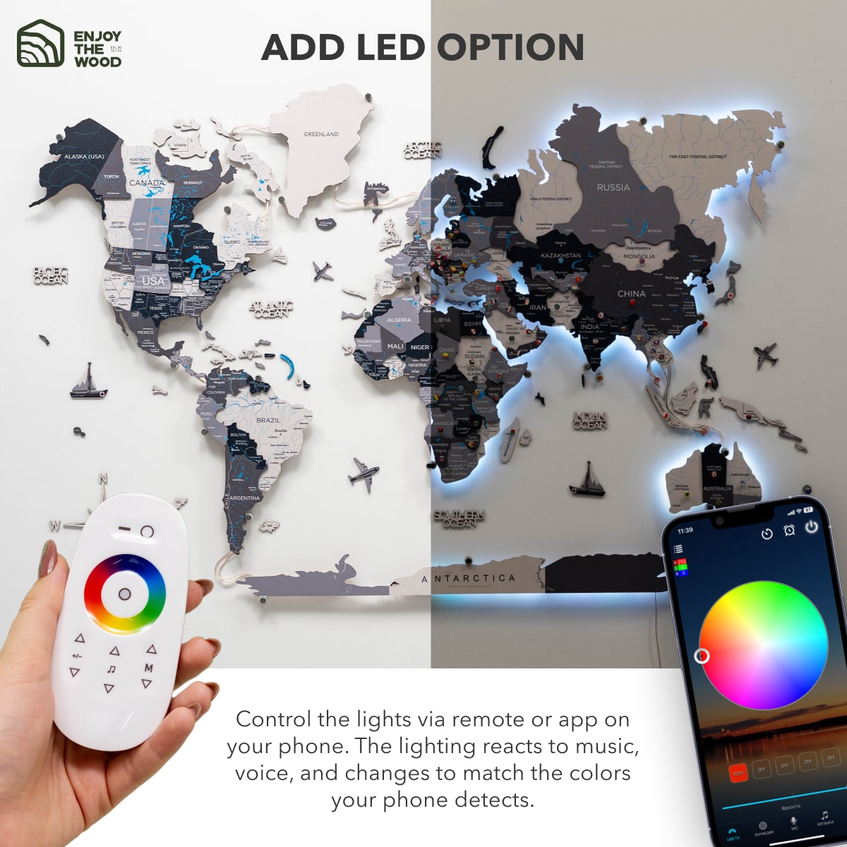 3D LED / LUMINOUS Wooden World Map