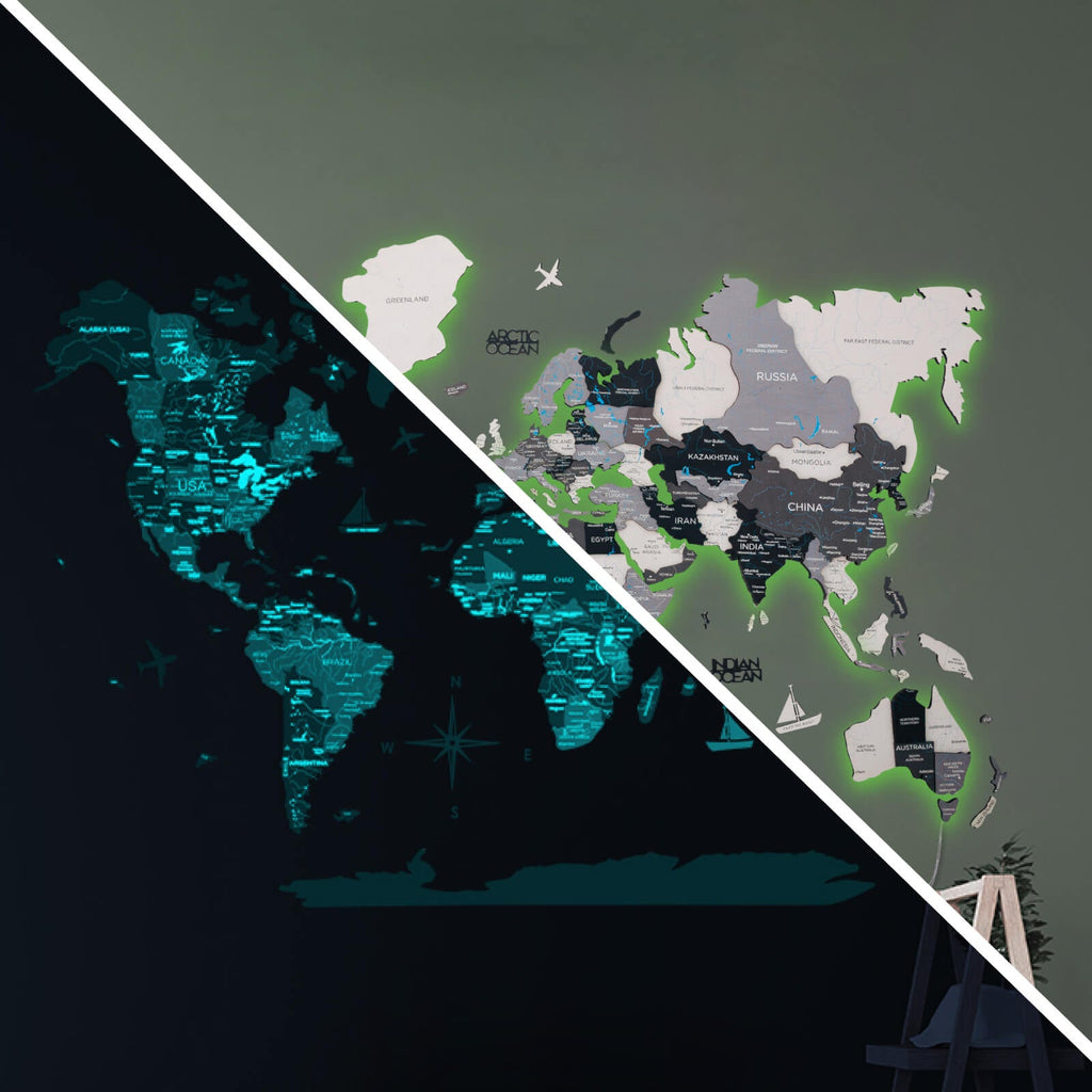 3D LED / LUMINOUS Wooden World Map